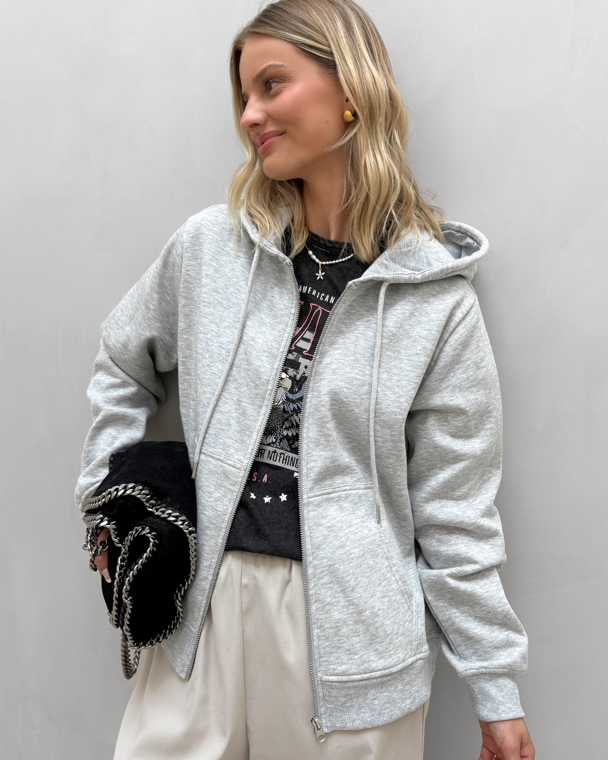 Pieces Pcchilli Light Grey Melange Ls Zip Hoodie - L - Grå