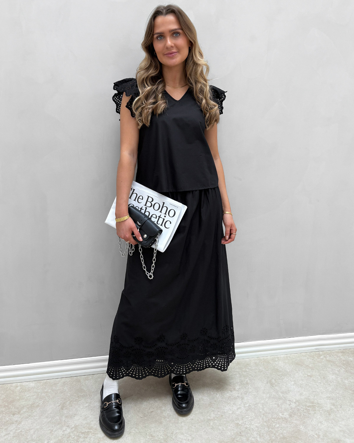ONLY Onllou Black Life Emb Long Skirt - XS - Sort