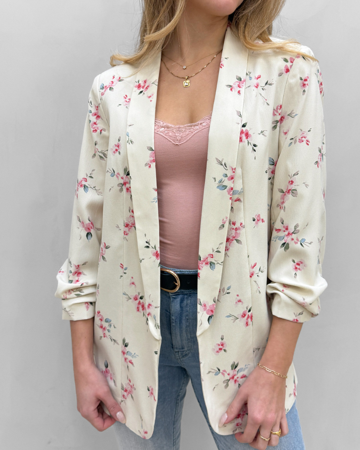 Pieces Pcbosella Whitecap Gray Flower 3/4 Printed Blazer - L - Beige