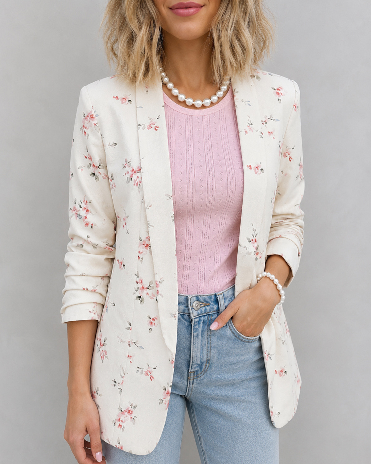 Pieces Pcbosella Whitecap Gray Flower 3/4 Printed Blazer - M - Beige