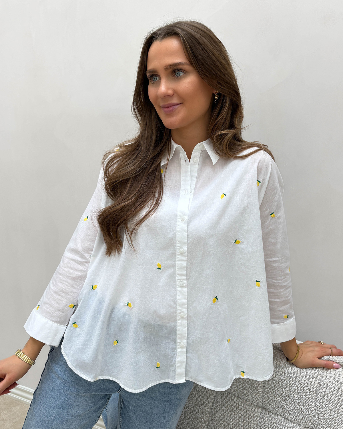ONLY Onlnew Bright White Lemon Lina Grace Ls Emb Shirt - XL - Hvid