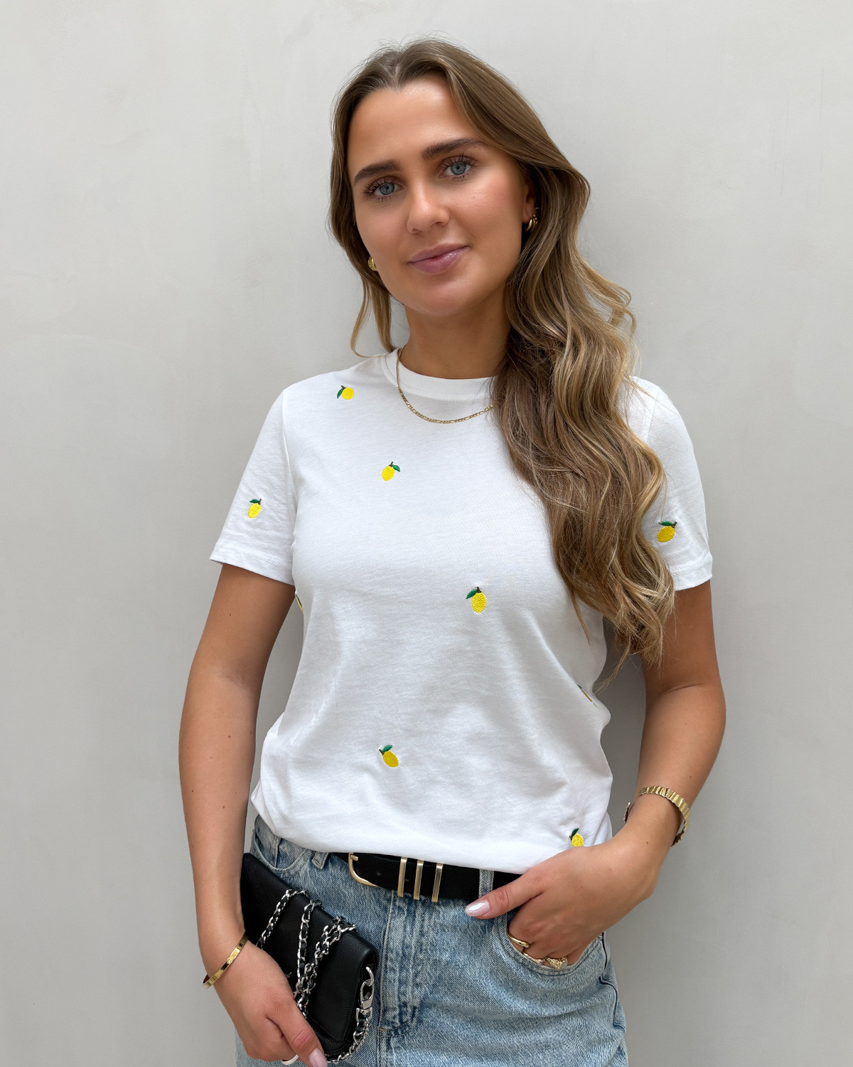 ONLY Onlketty Bright White Lemon Life S/S O-Neck Top - L - Hvid