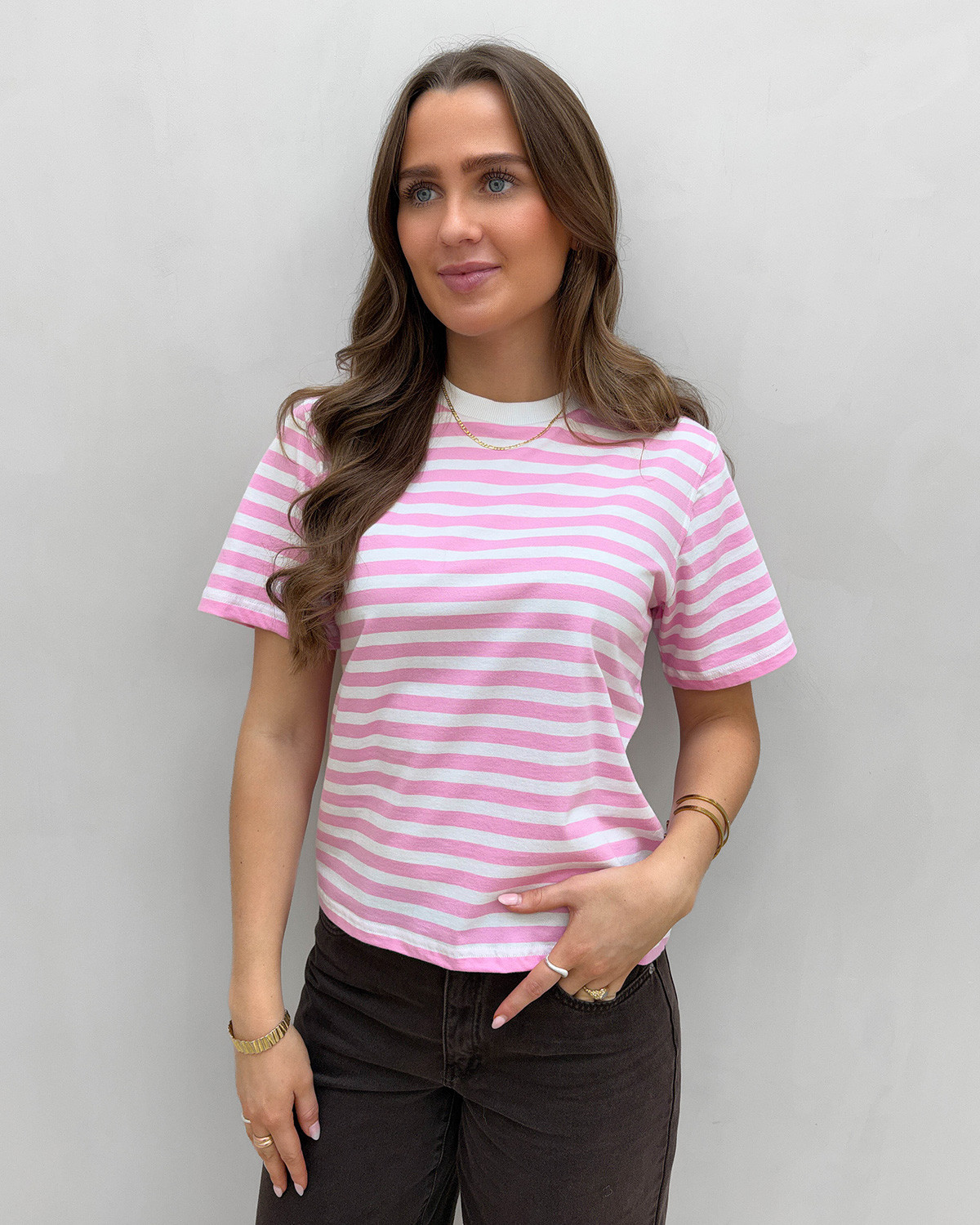 ONLY Onllivina Bonbon White Stripes S/S Stripe Tee - XS - Lyserød