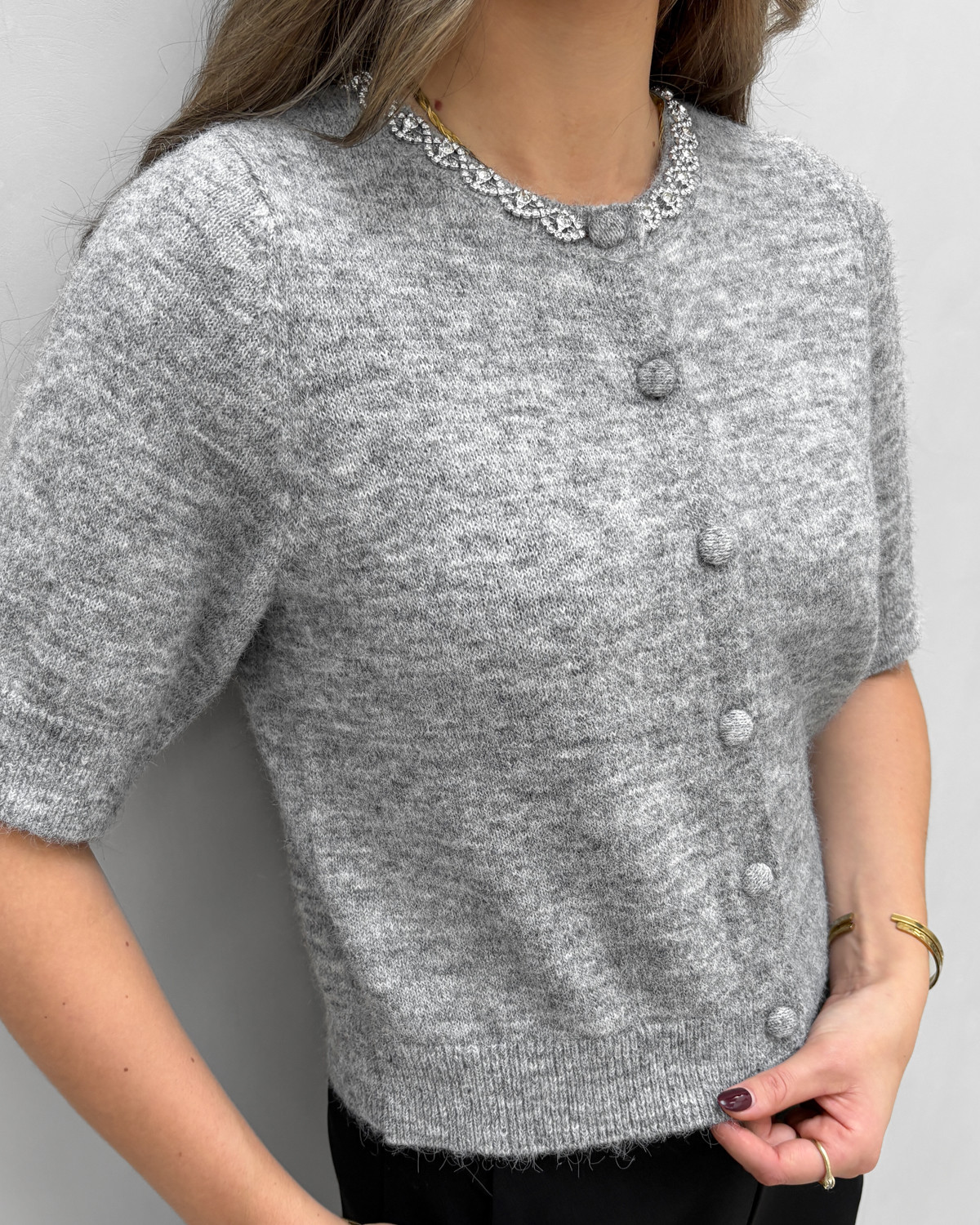 JDY Jdyalva Medium Grey Melange Silver Embellishment Life 2/4 Embellish Cardigan Knit - M - Grå