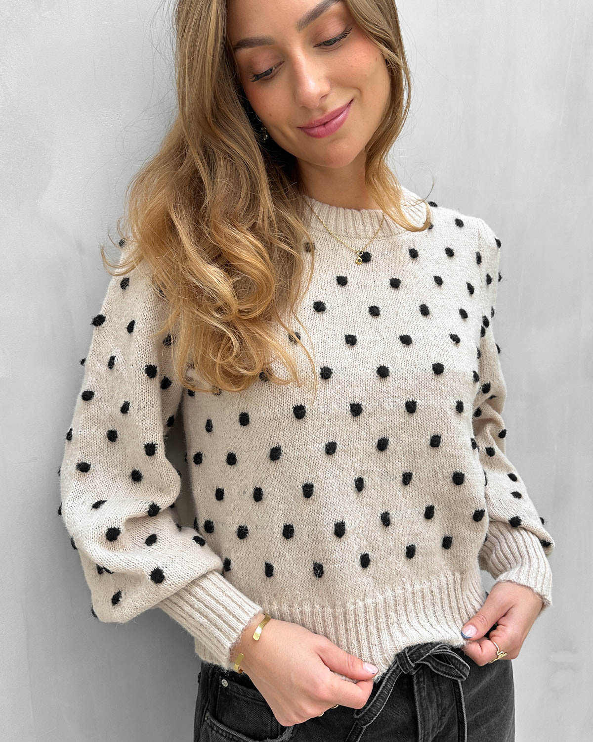 JDY Jdysigrid Cement W. Black Dots Life L/S On Puff Pull Knit - XS - Beige
