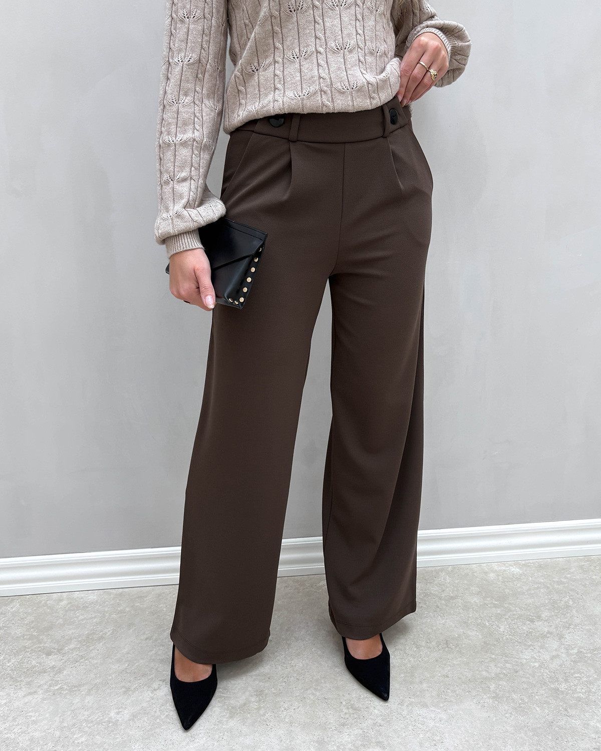 JDY Jdygeggo Chocolate Brown Black Buttons New Long Pant - S - Brun