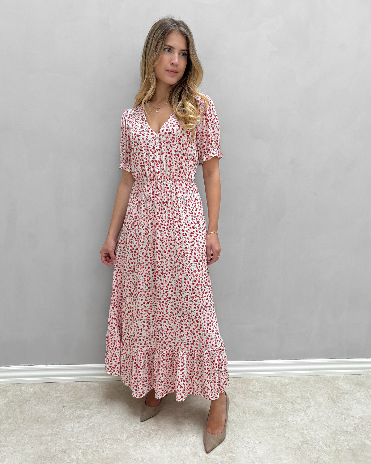 ONLY Onlchianti Cloud Dancer Red Lucy Flower S/S Long Dress - XS - Hvid