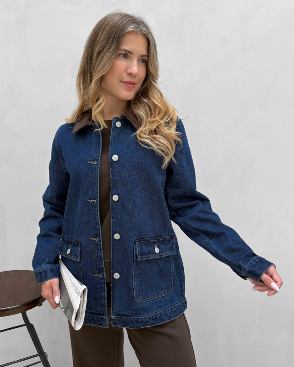Denim jakke med fløjls detalje
