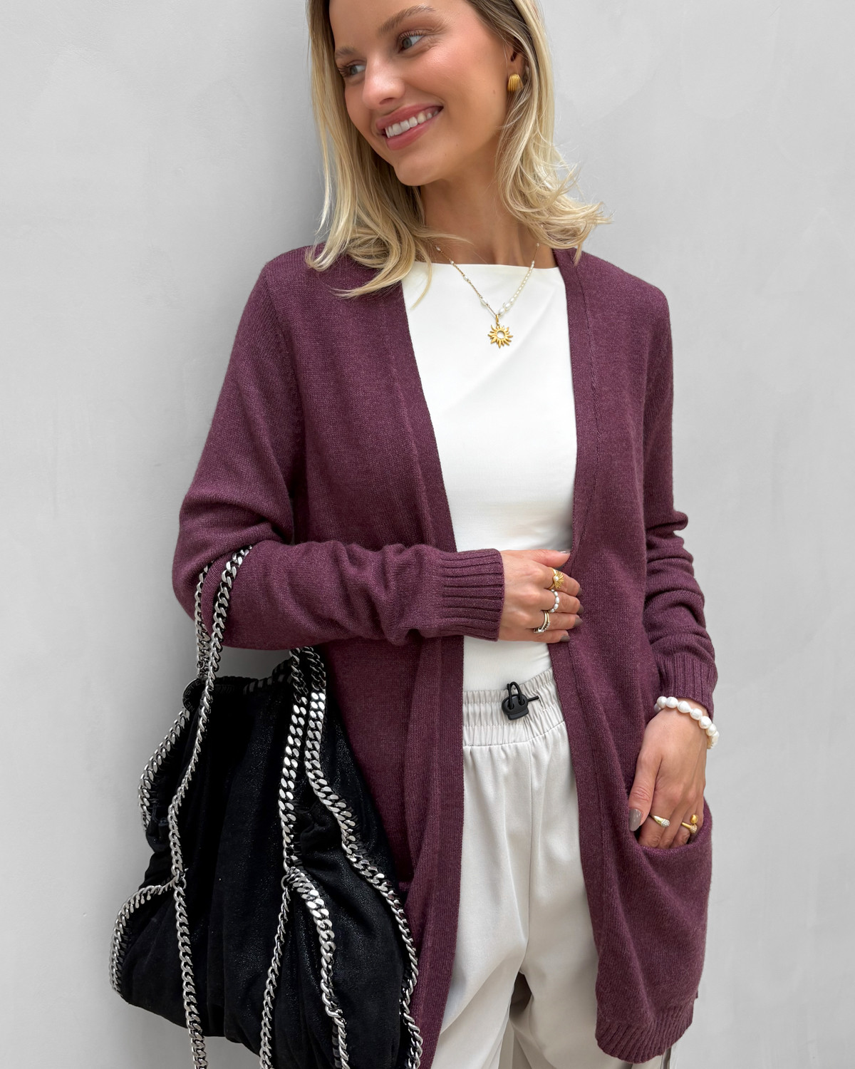 VILA Viril Fig Dark Melange Open L/S Knit Cardigan - S - Brun