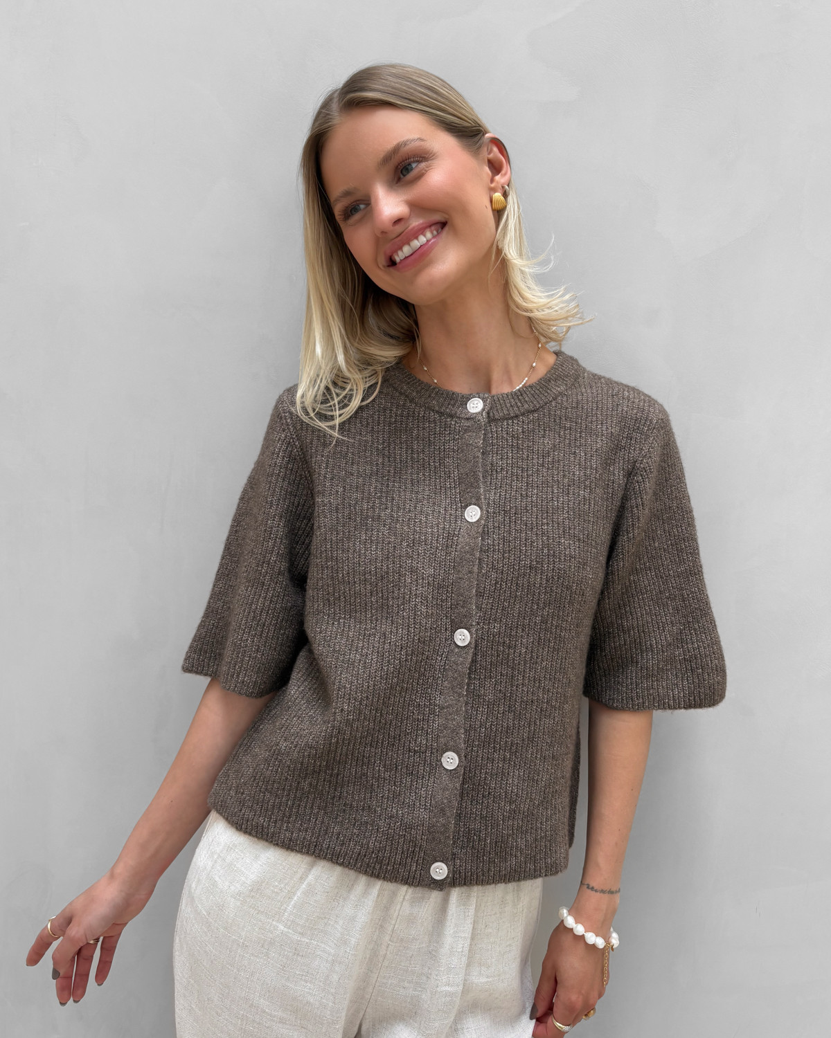 Pieces Pcsilly Morel Melange Ss O-Neck Knit Cardigan - M - Brun