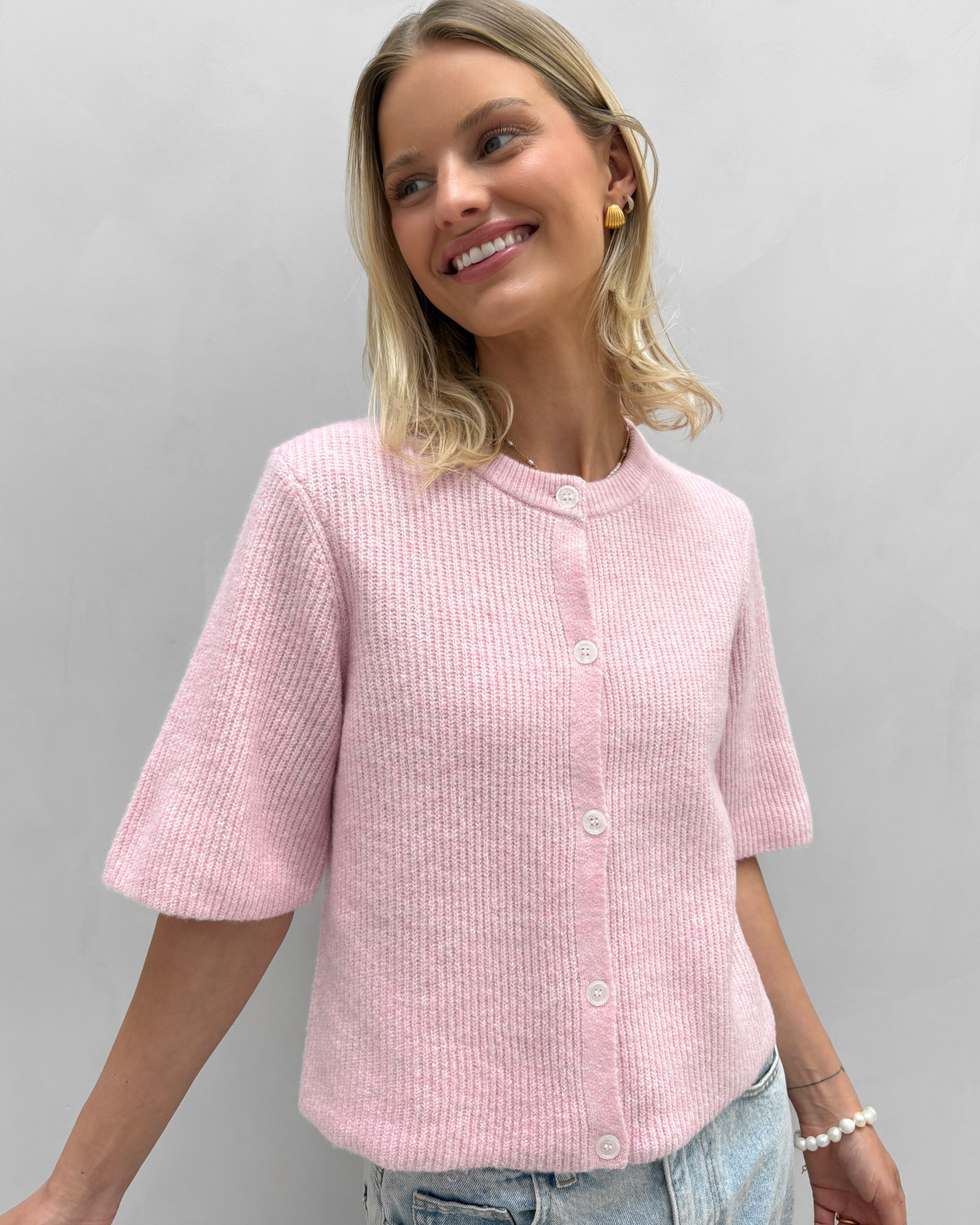 Pieces Pcsilly Roseate Spoonbill Melange Ss O-Neck Knit Cardigan - XS - Lyserød