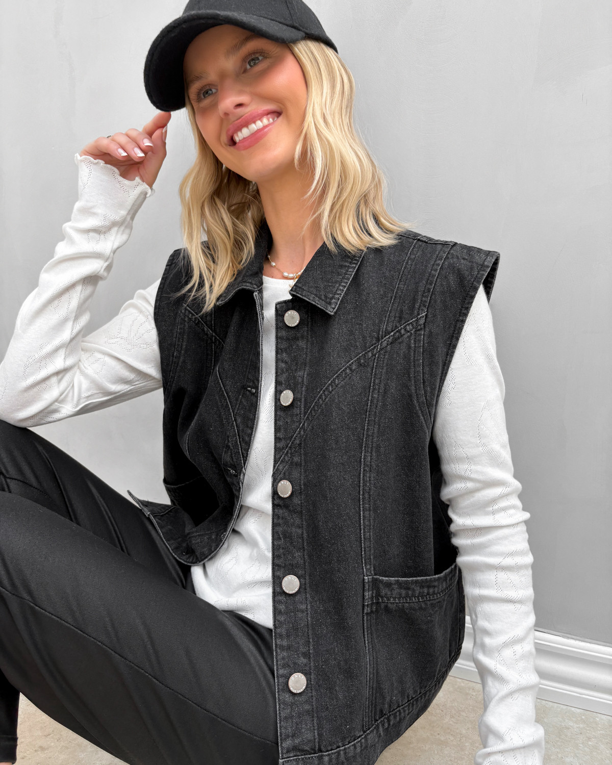 ONLY Onlkennedy Washed Black Sl Denim Waistcoat - XS - Sort