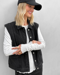 Rå denim vest med krave og knapper til damer