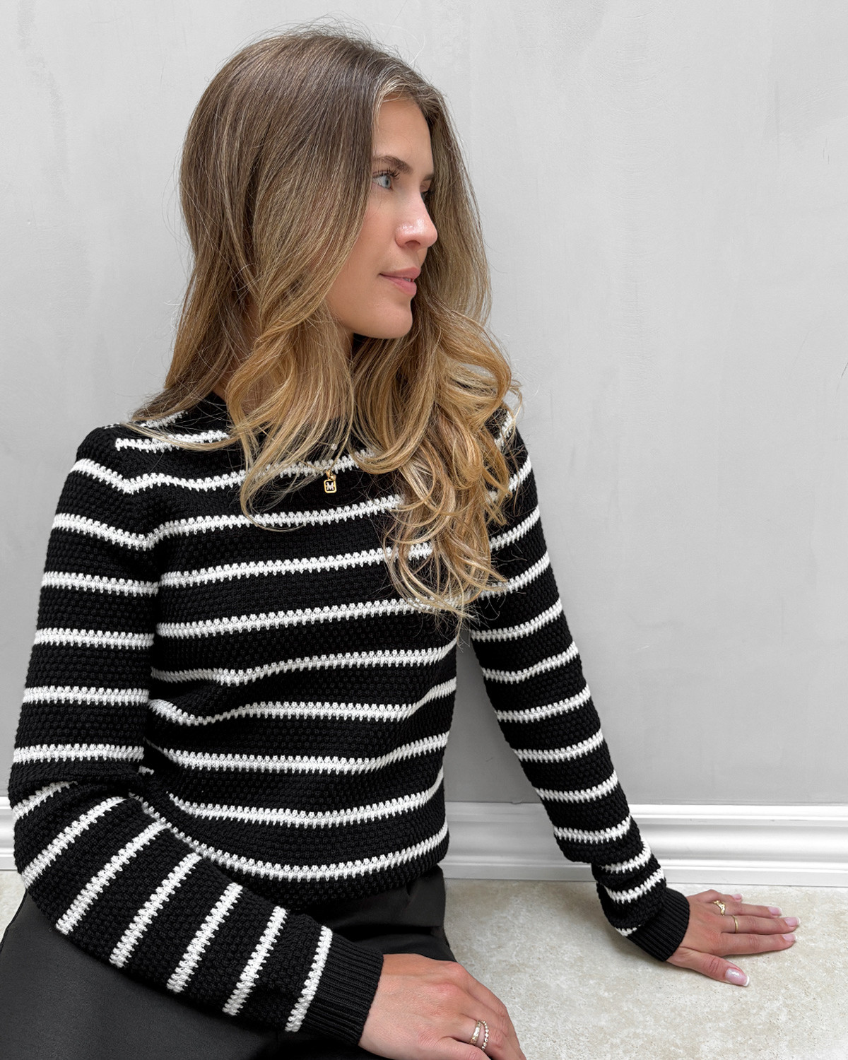 VILA Vidalo Black White Alyssum O-Neck L/S Stripe Knit Top - XL - Sort
