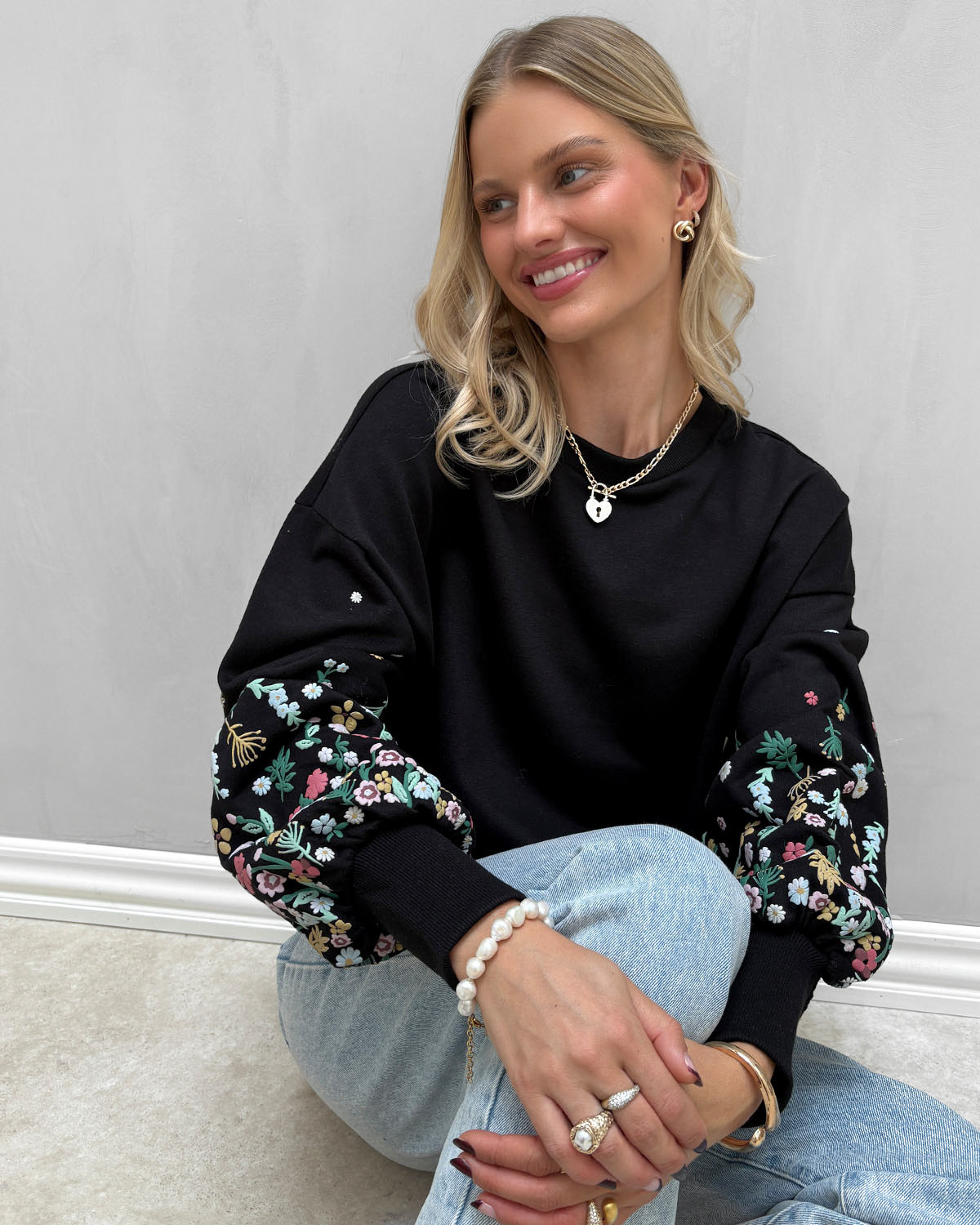 ONLY Onlbrooke Black Sleeve Green Flower Print L/S O-Neck Flower - XS - Sort