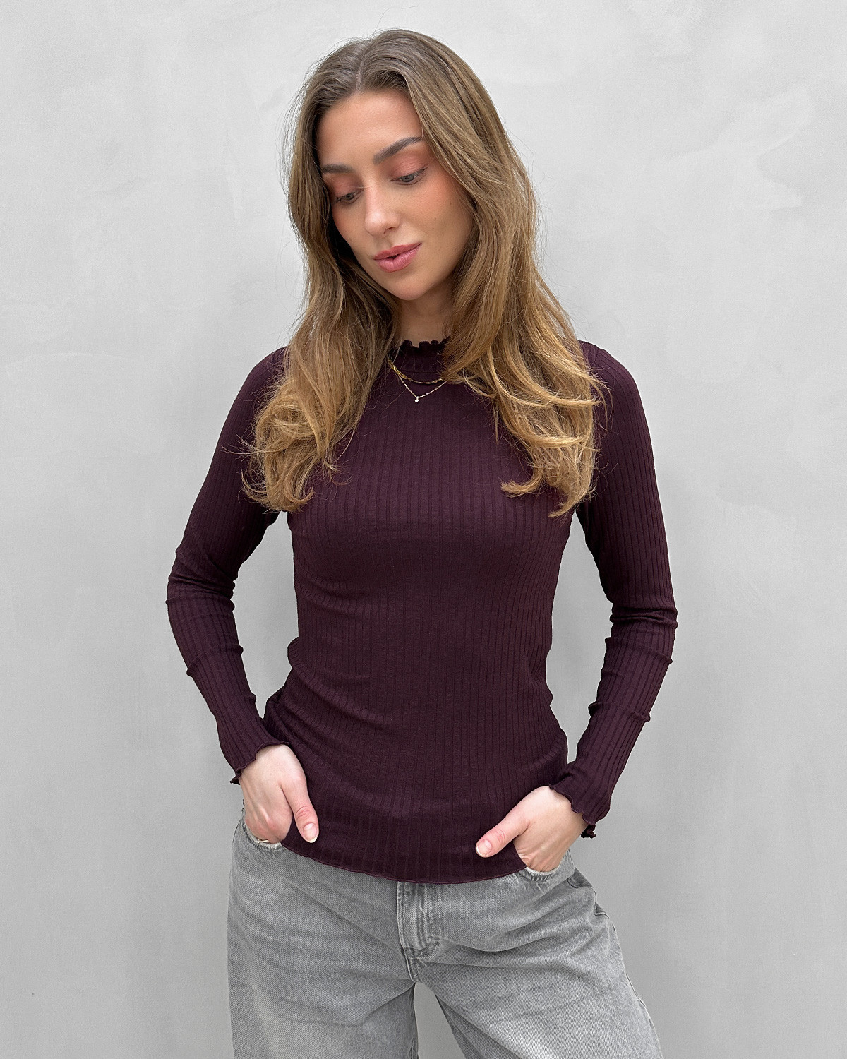 JDY Jdyfransiska Winetasting Life L/S Hi-Nck Top Jr - S - Lilla