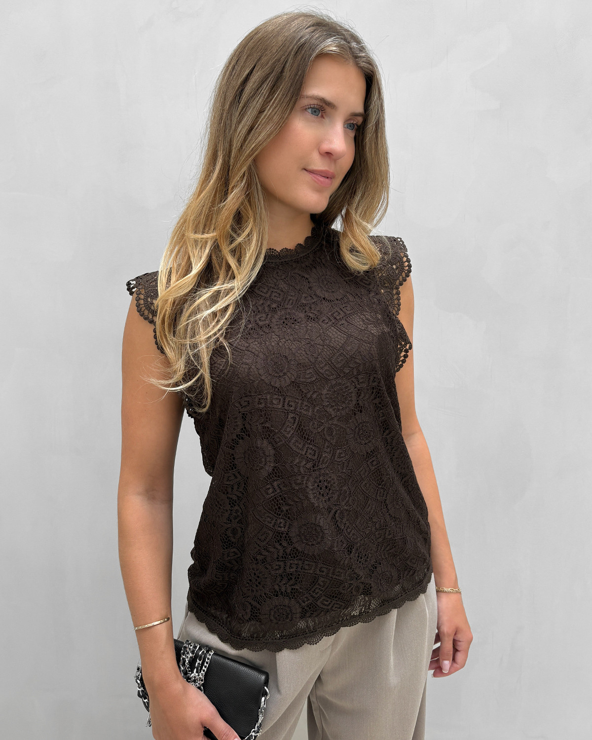 Pieces Pcolline Hot Fudge Sl Lace Top - XS - Brun