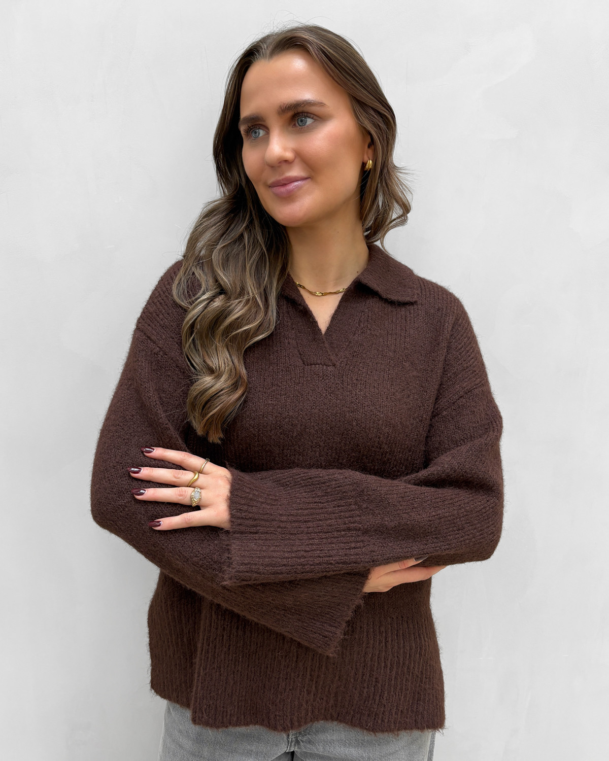 ONLY Onlmaggie Seal Brown Melange Life Ls Polo Knit - S - Brun
