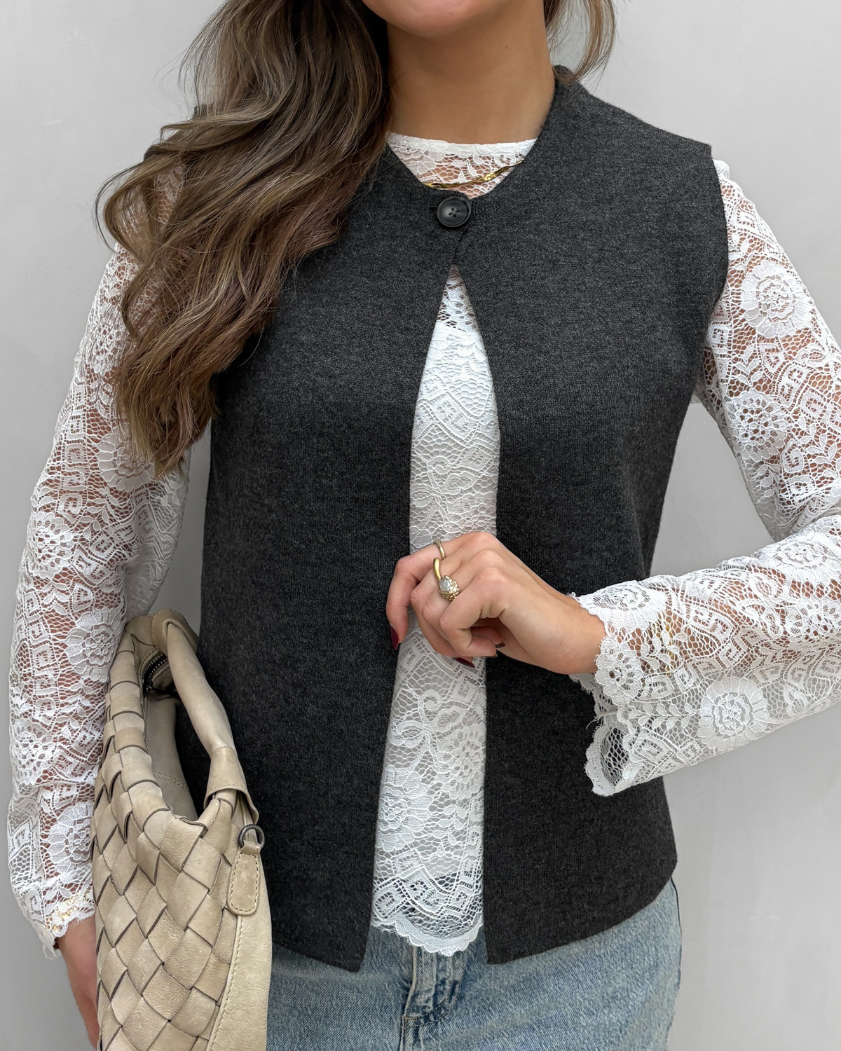 ONLY Onlanneli Dark Grey Melange Life Sl Button Vest Knit - XS - Grå