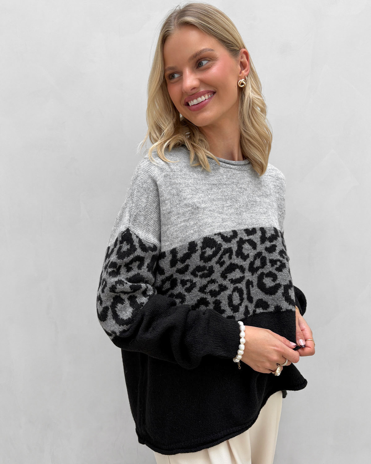 ONLY Onljade Light Grey Melange W. Mgm/Black Animal Ls O-Neck Knit - S - Grå