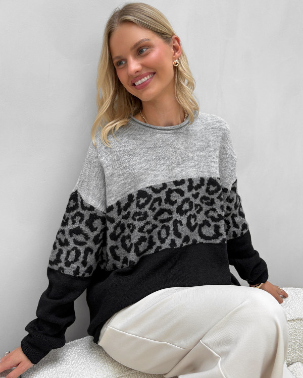 Cool strik med leopard detalje - dame tøj