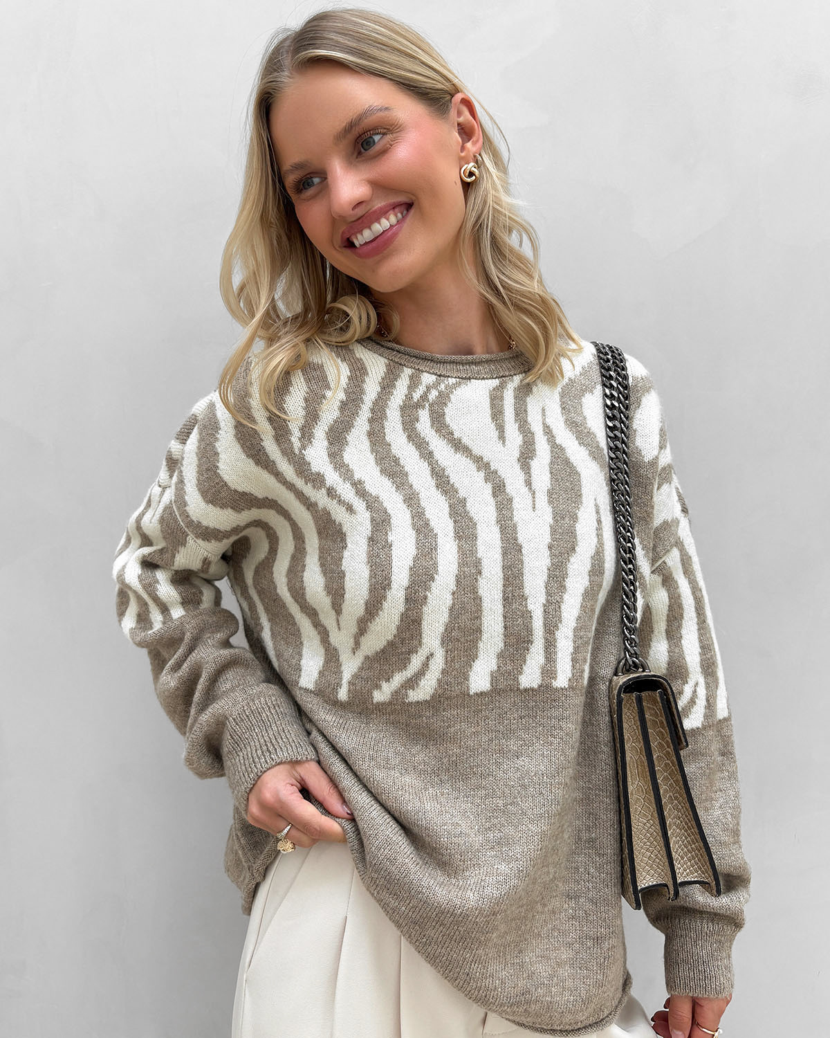 ONLY Onljade Mermaid W. Zebra Whitecap Gray Animal Ls O-Neck Knit - XL - Beige