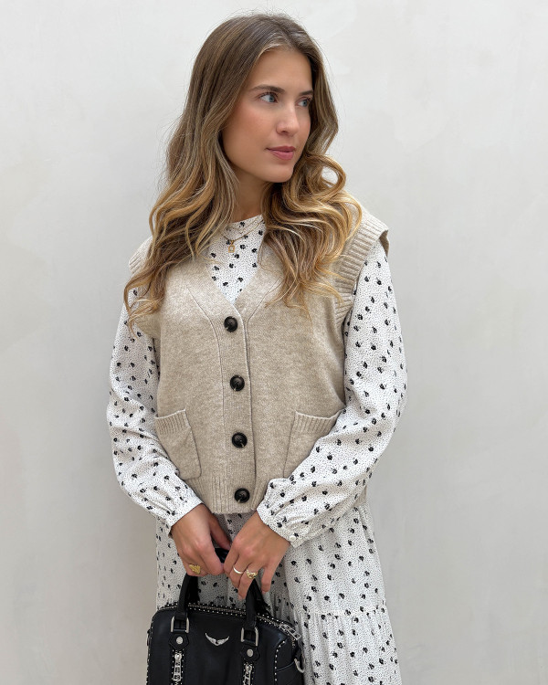 Beige strikvest med knapper - til damer