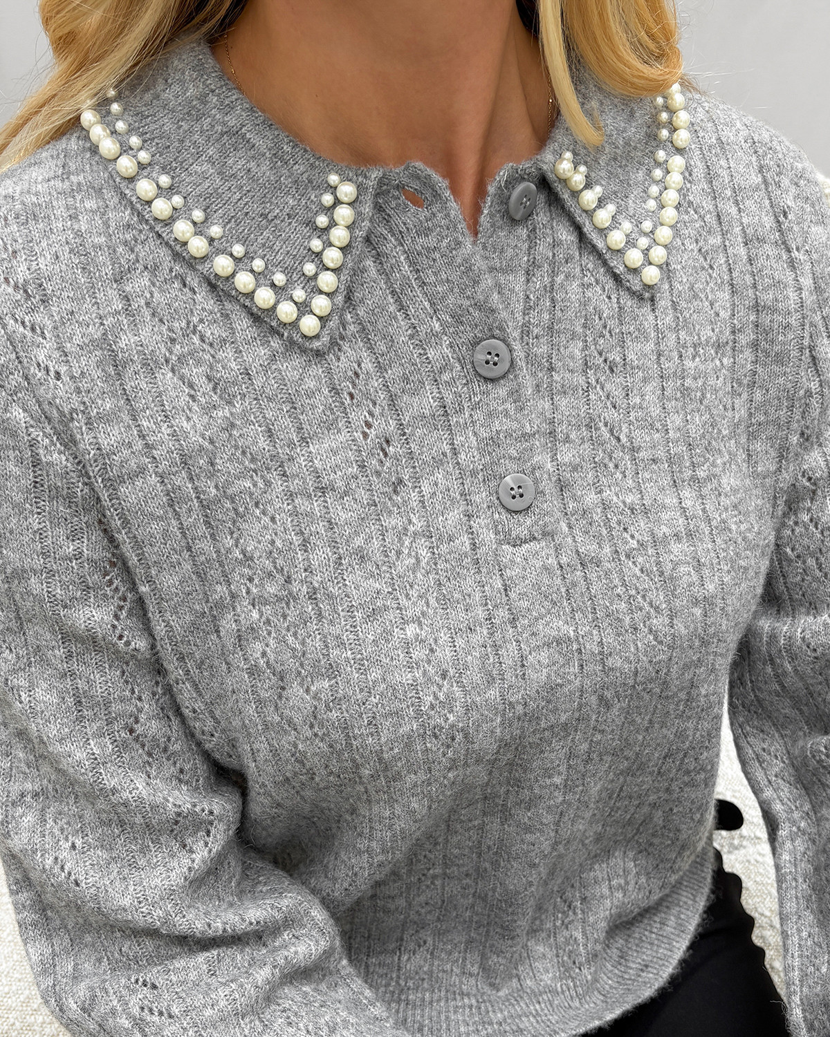 JDY Jdyapril Medium Grey Melange White Pearls Life L/S Pearl Collar Pull Knit - XS - Grå