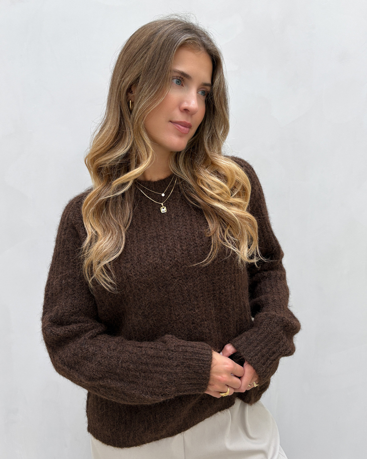 Pieces Pccleo Hot Fudge Melange Ls O-Neck Chunky Knit - L - Brun