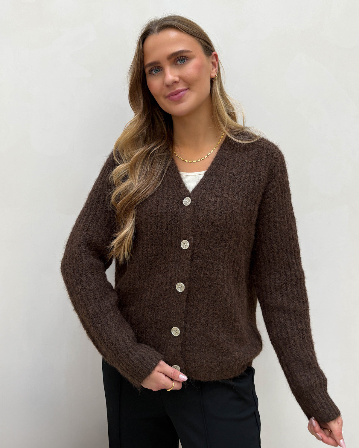 Pieces Pccleo Hot Fudge Melange Ls V-Neck Knit Cardigan - S - Brun
