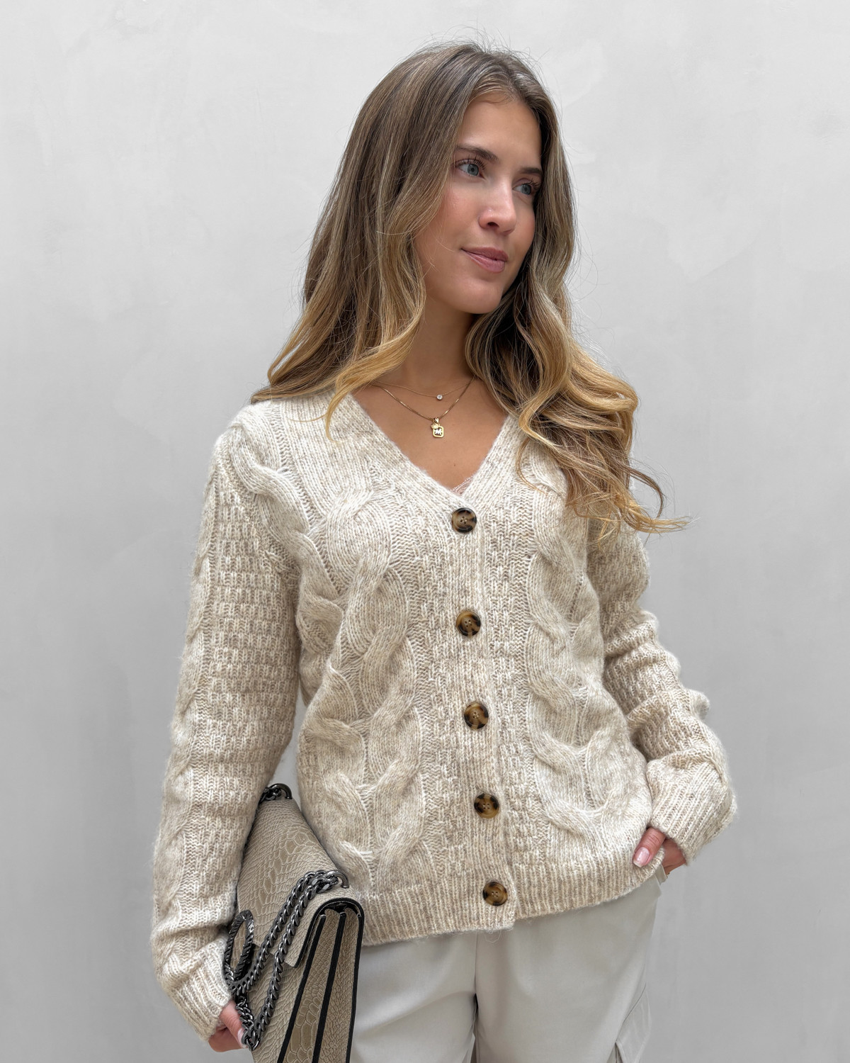Pieces Pcnina Birch Ls V-Neck Knit Cardigan - XS - Beige