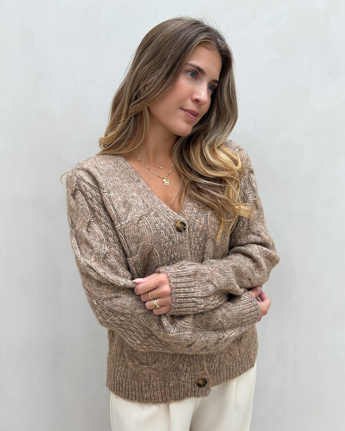 Pieces Pcnina Fossil Ls V-Neck Knit Cardigan - L - Brun