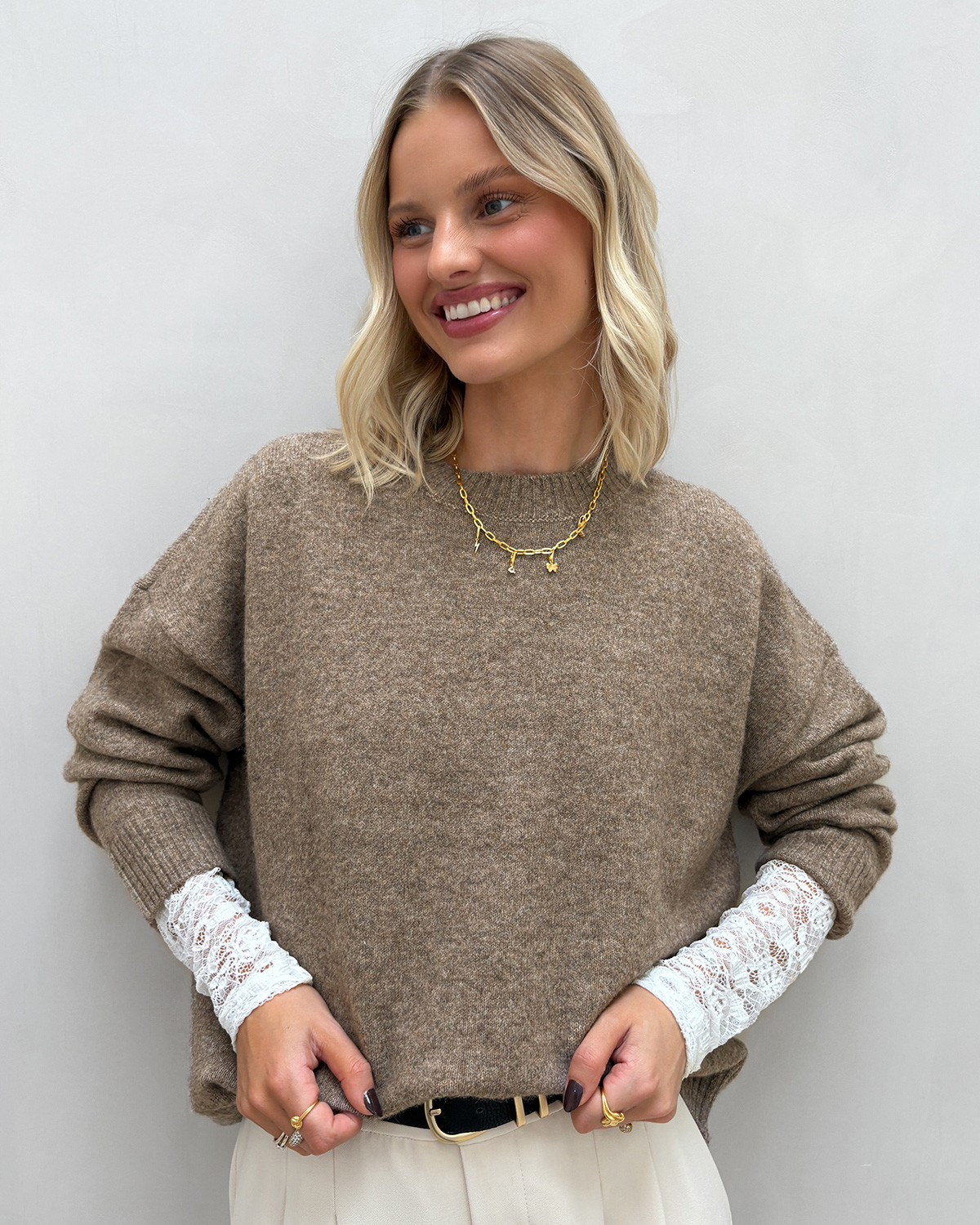 ONLY Onlrene Fungi Melange Life Ls O-Neck Knit - S - Brun