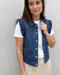 Blå denim vest med perleknapper
