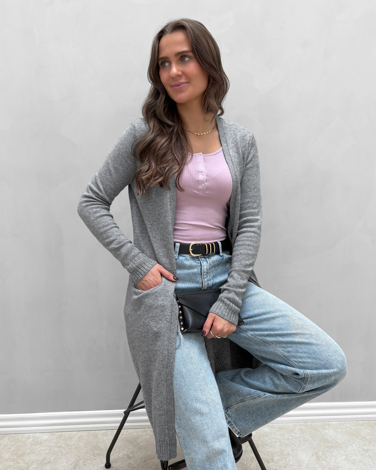 VILA Viril Medium Grey Melange Long Knit Cardigan - XS - Grå