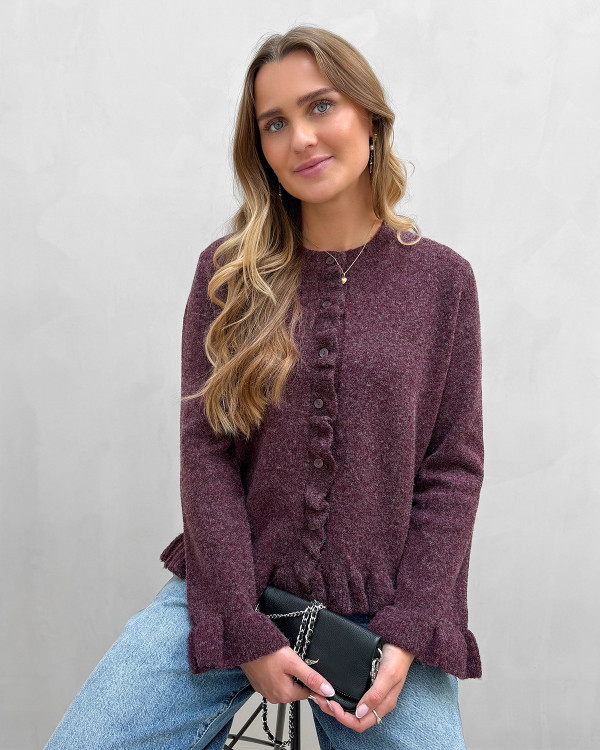 Lilla cardigan med flæsedetalje til damer