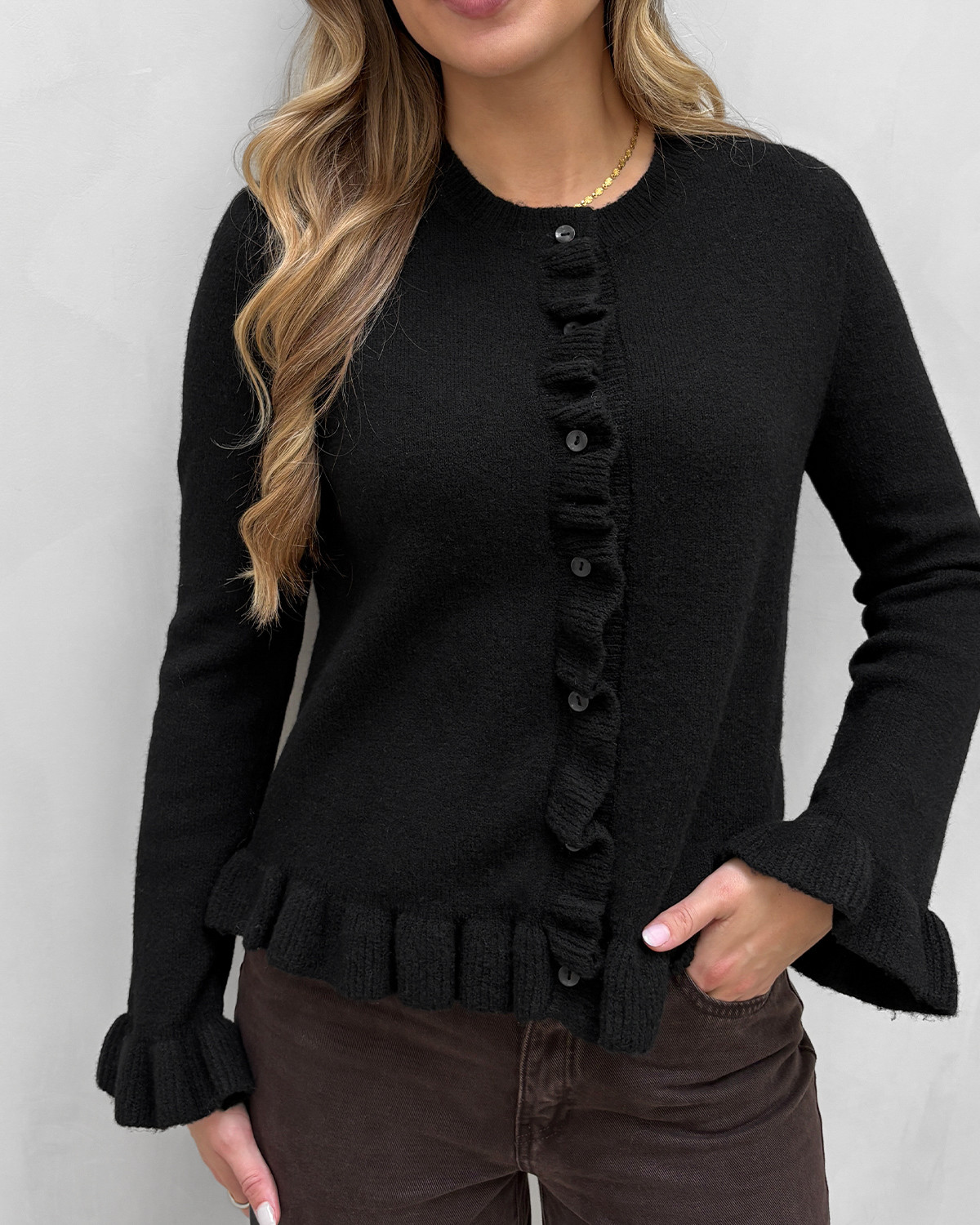 ONLY Onlrima Black Dtm Button Life Ls Frill Butto Cardigan Knit - XS - Sort