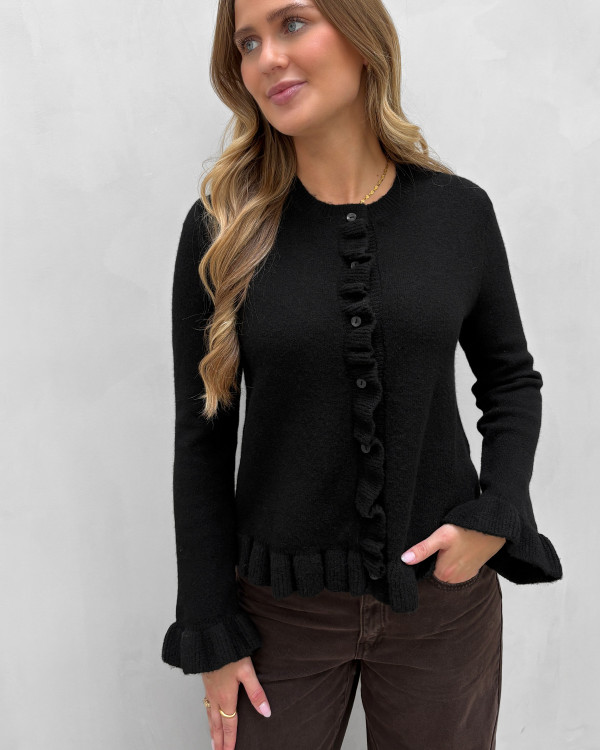 Sort cardigan med flæser - dametøj