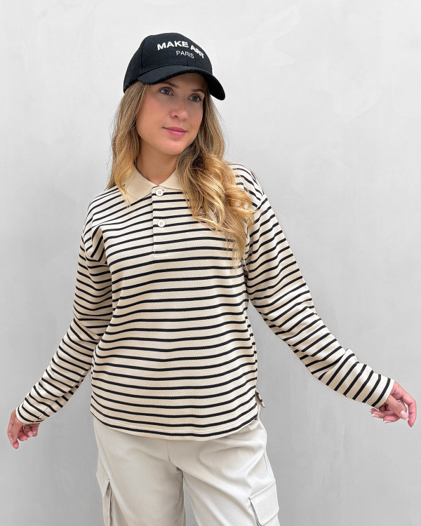 Stribet polo bluse til damer