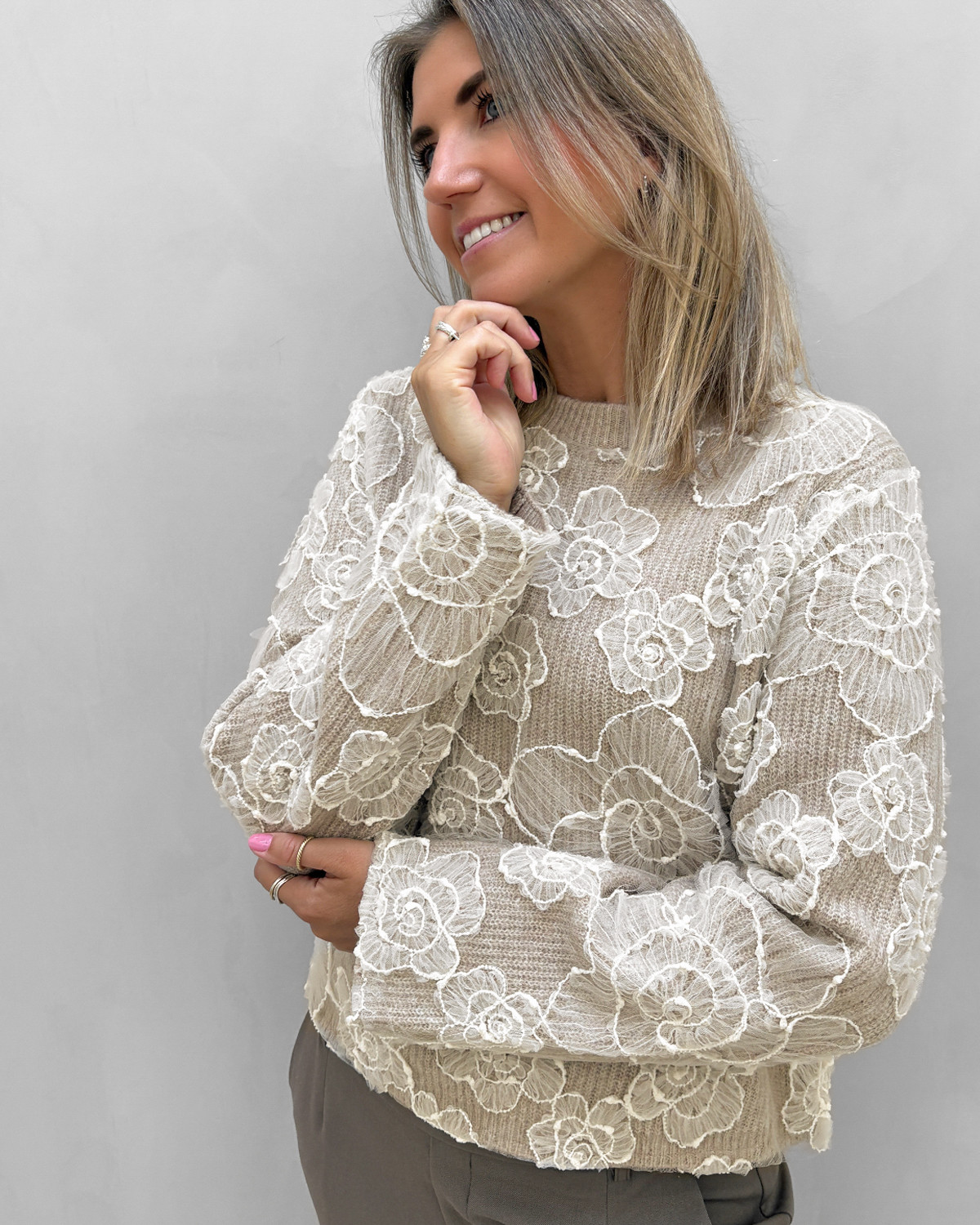 Vila VIHEFNA STITCH Detail Knit Top/R, Donkergrijs gemêleerd/detail: wit alyssum, XL