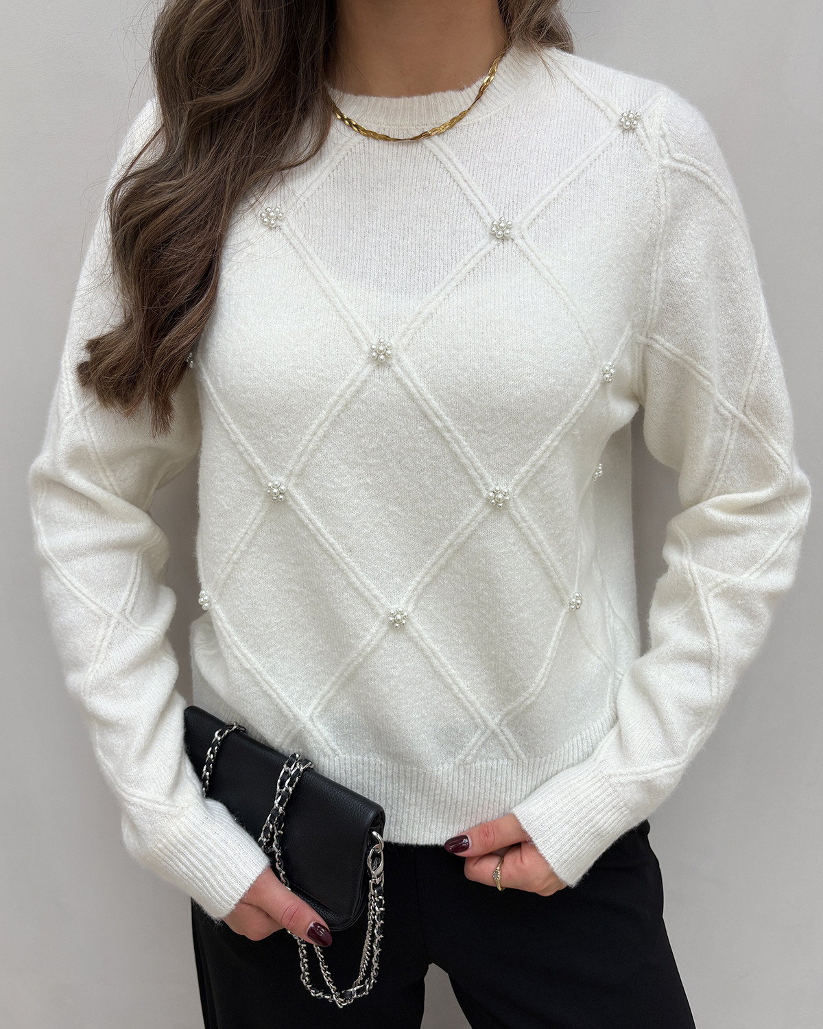 JDY Jdybella Cloud Dancer W. White Pearls Life L/S Struct Pearl Pul Knit - L - Hvid