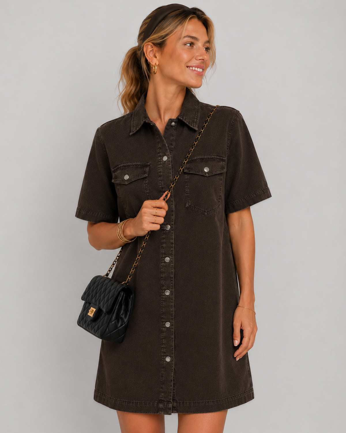 ONLY OnlbelleSilla Seal Brown S/S Button Dress - M - Brun