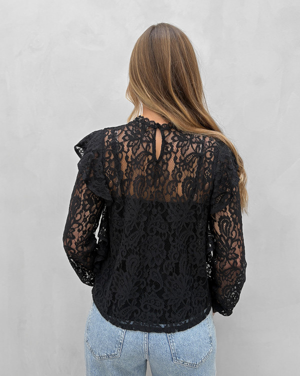 Sort blondebluse med flæser