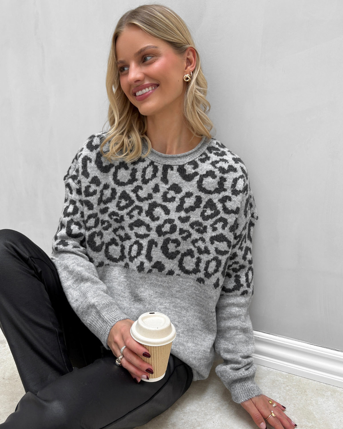 ONLY Onljade Light Grey Melange Leo/Dark Grey Melange Animal Ls O-Neck Knit - L - Grå