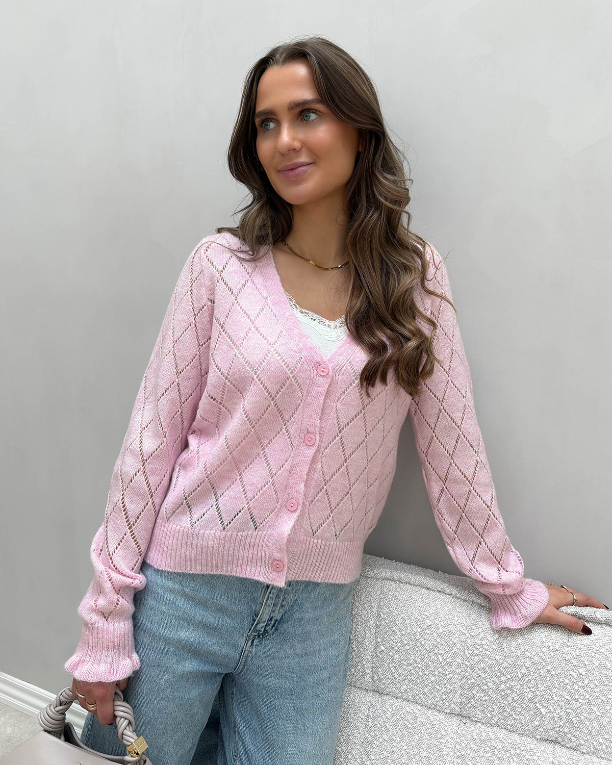 JDY Jdyletty Pink Lady Melange L/S V-Neck Struc Cardigan Knit - XS - Lilla