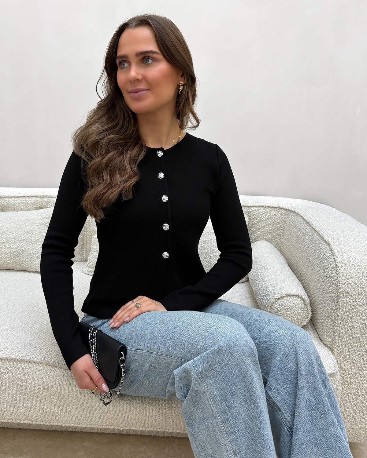 ONLY Onlmelli Black Silver Buttons Ls O-Neck Button Cardi Knit - XS - Sort