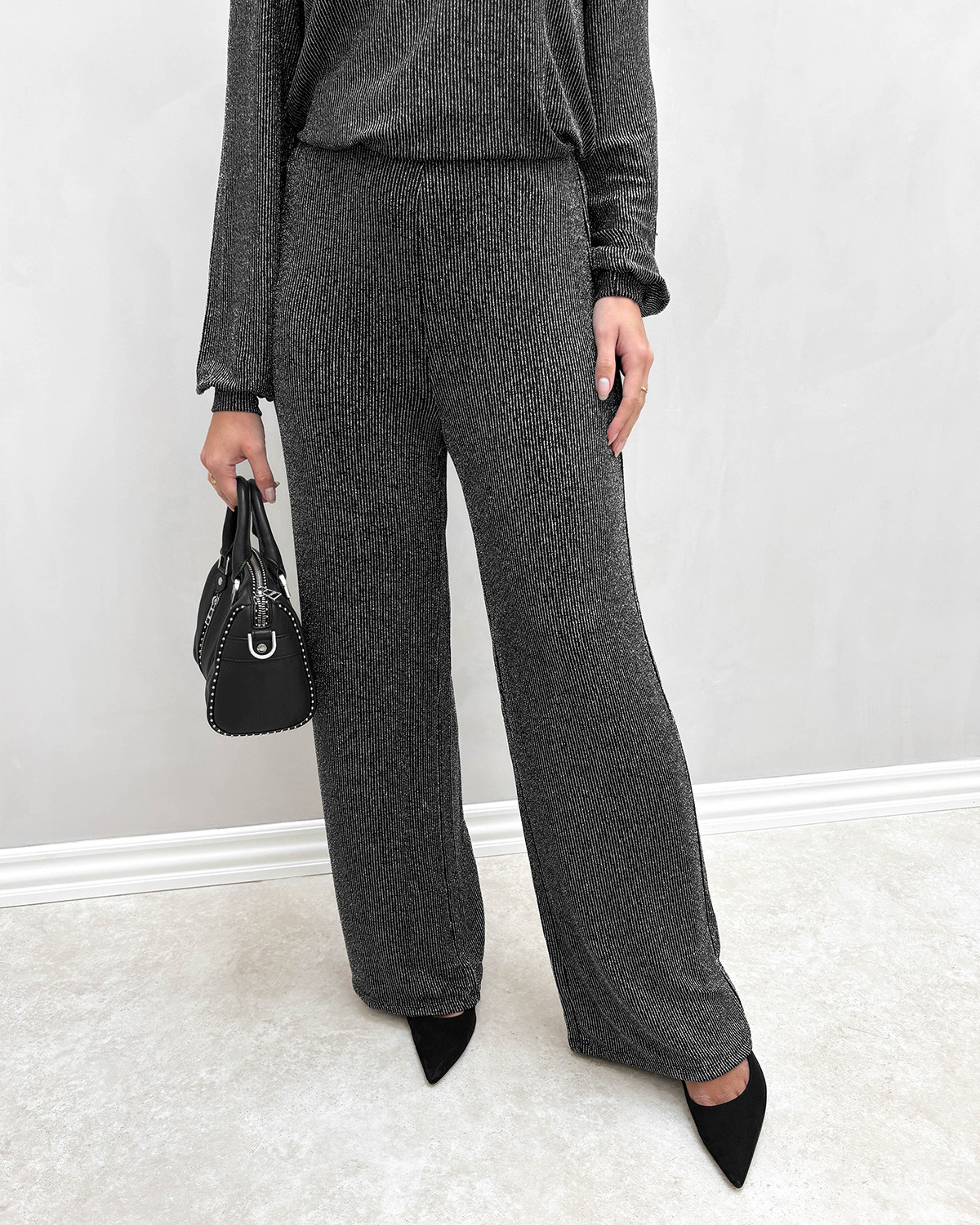 ONLY Onlcarol Black Silver Glitter Wide Glitter Pant - L - Sort