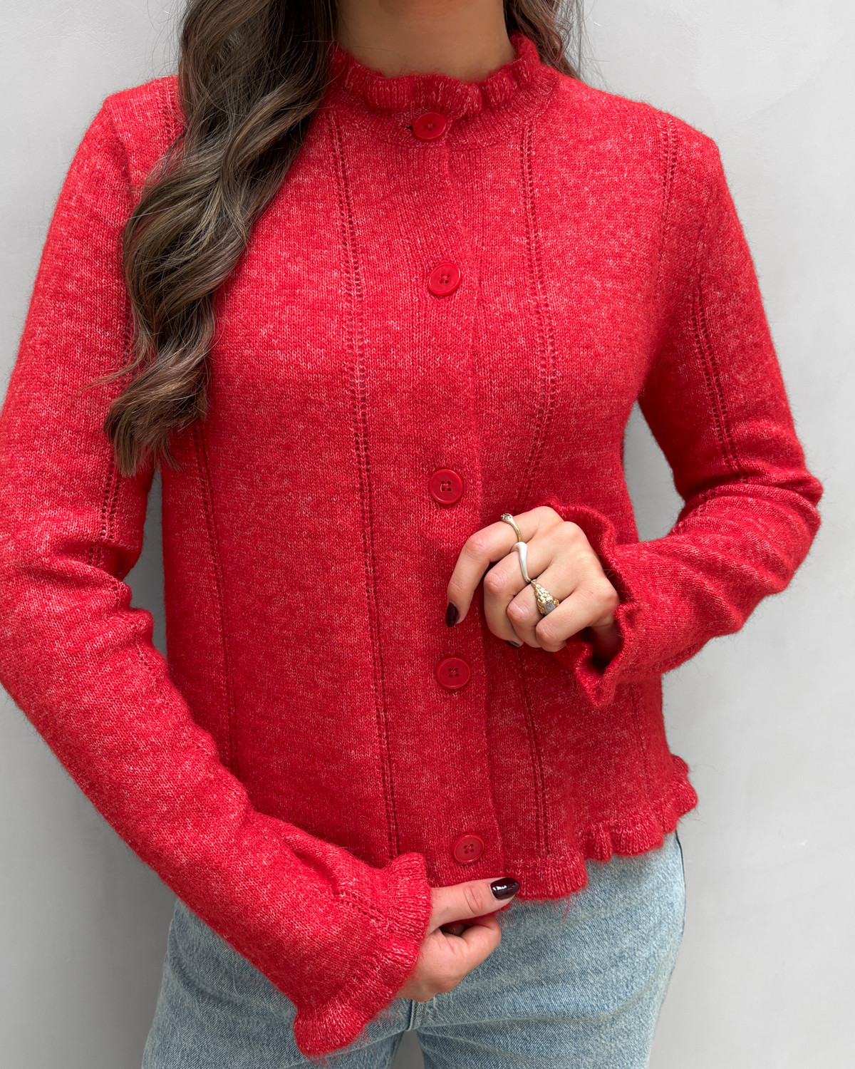 Pieces Pcjasmijn Goji Berry Ls O-Neck Knit Caridgan - XS - Rød