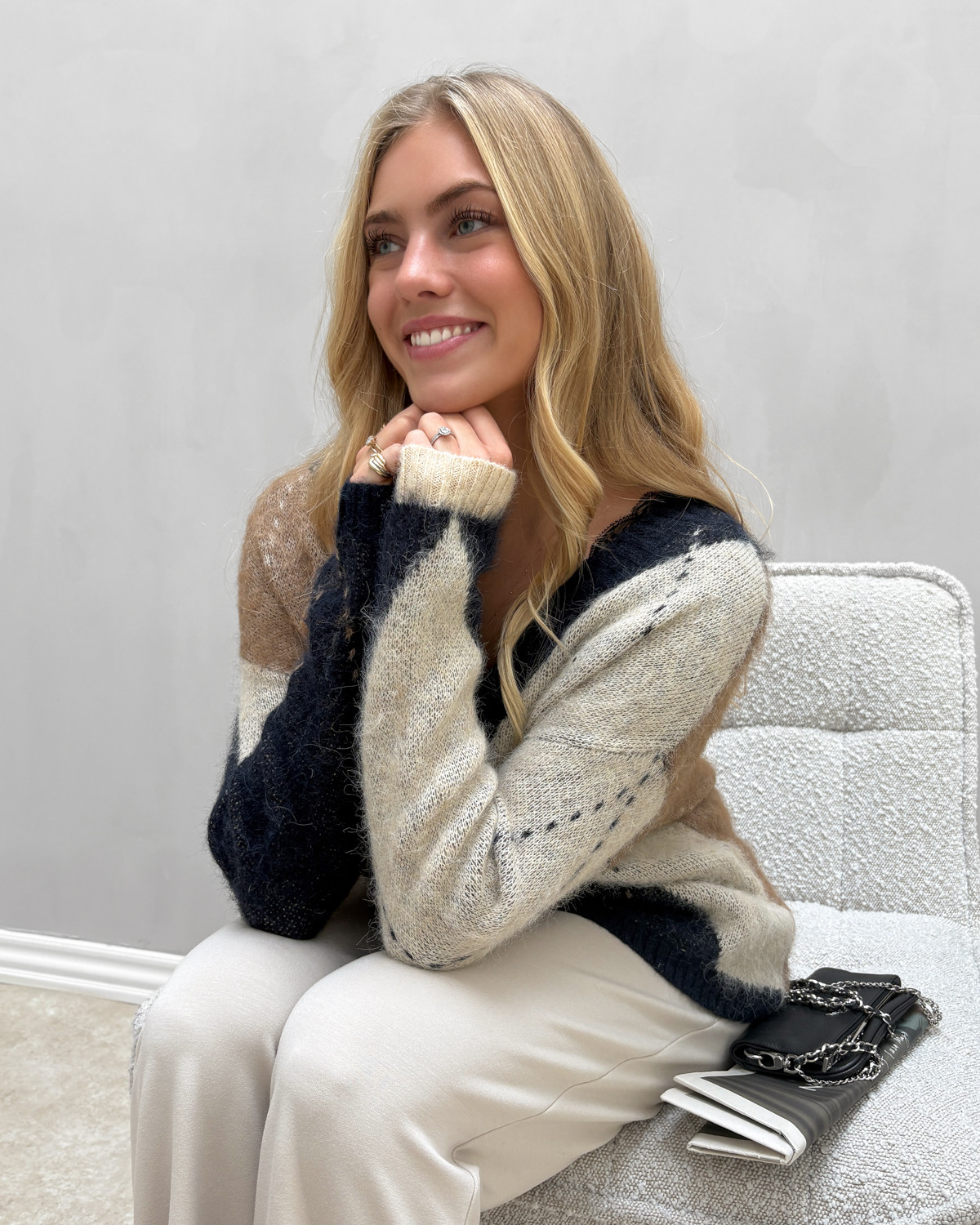ONLY Onlnoeme Night Sky Cocoa Créme/Biscotti Melange Jq Ls Life Cardi V-Neck Knit