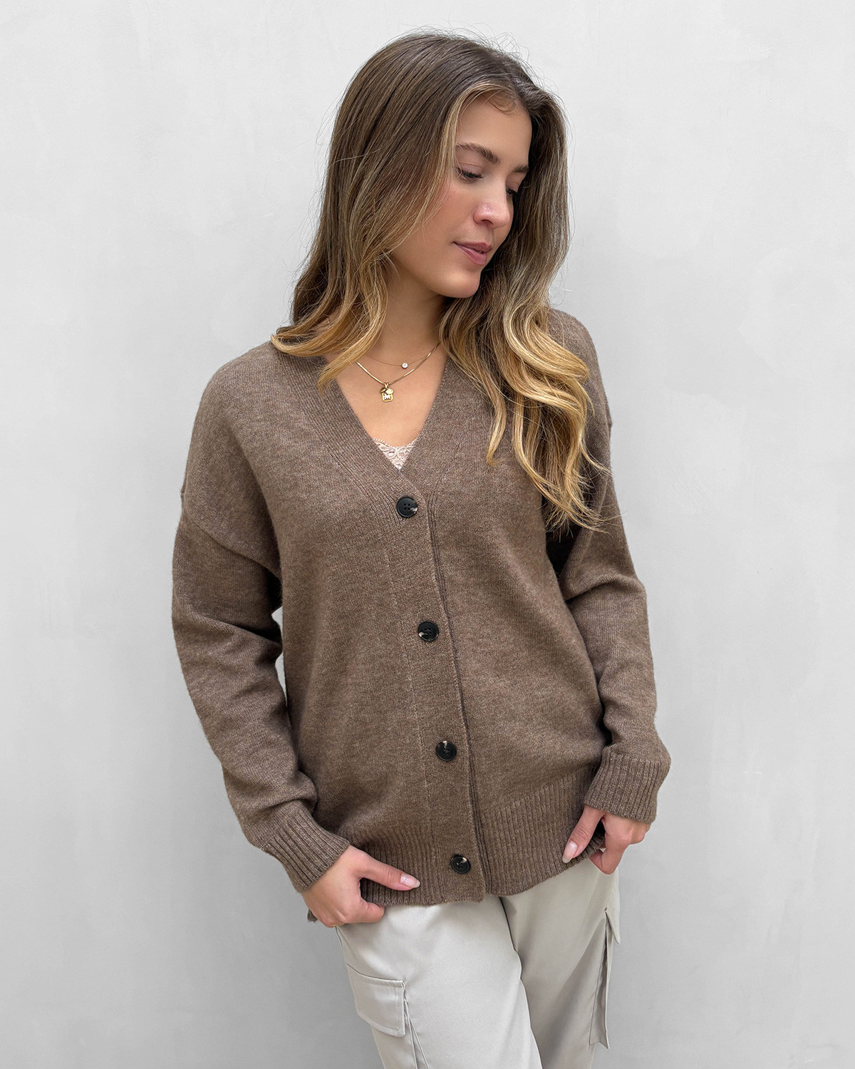 ONLY Onlhouston Walnut Melange Ls Cardigan V-Neck Knit - XS - Grå